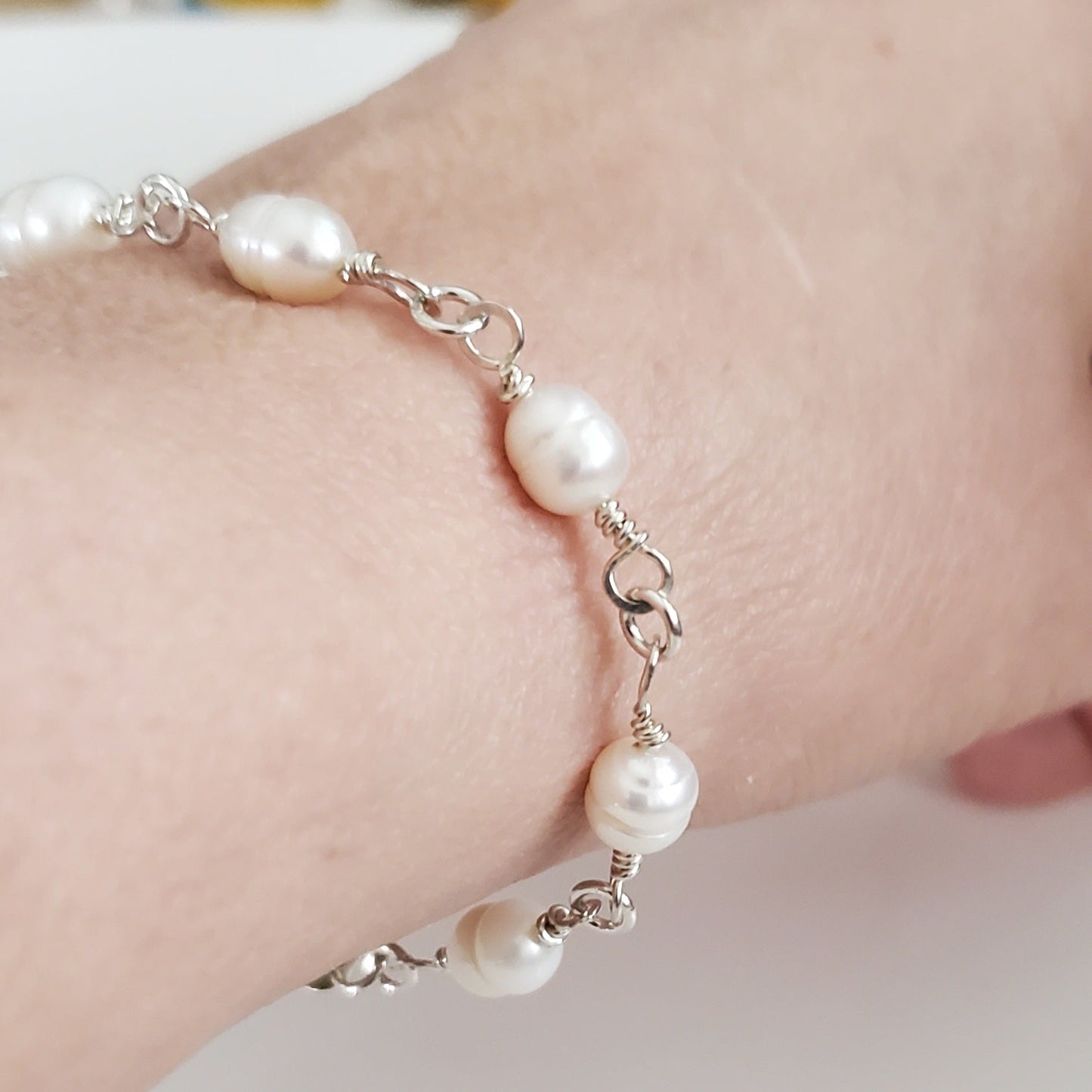 Sterling Silver Linked Rice Pearl Bracelet