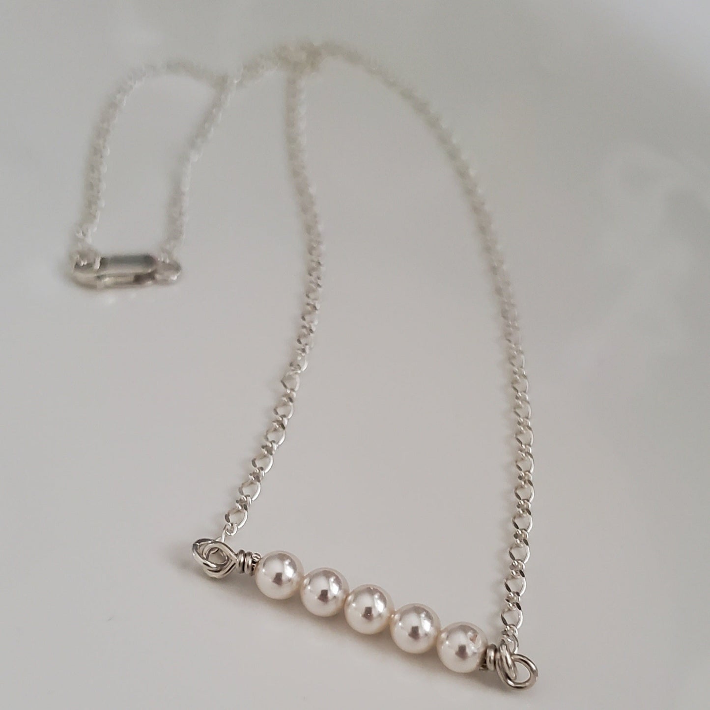 Sterling Silver Swarovski White Pearl Bar Necklace - Plein De Vie Jewelry