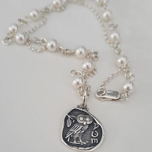 Athena Owl Swarovski Pearl & Sterling Silver Necklace Plein De Vie Jewelry