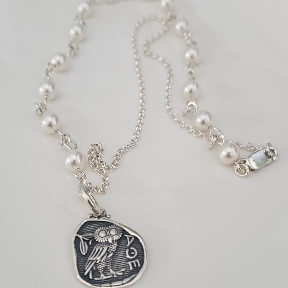 Athena Owl Swarovski Pearl & Sterling Silver Necklace