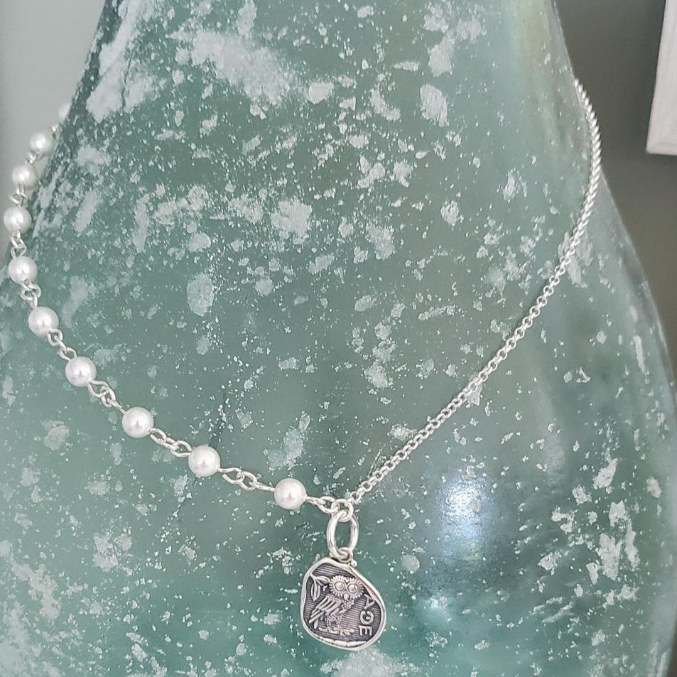 Athena Owl Swarovski Pearl & Sterling Silver Necklace Plein De Vie Jewelry