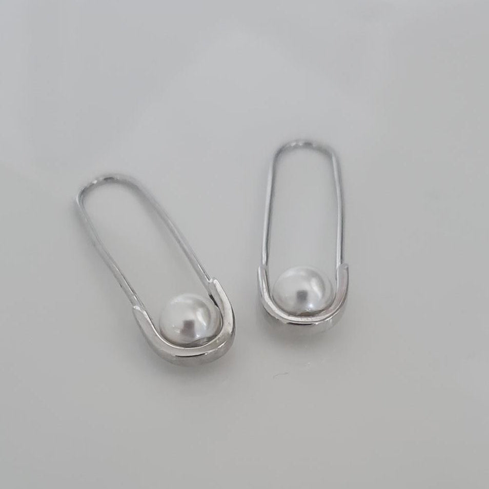 Sterling Silver Paperclip Freshwater Pearl Earrings