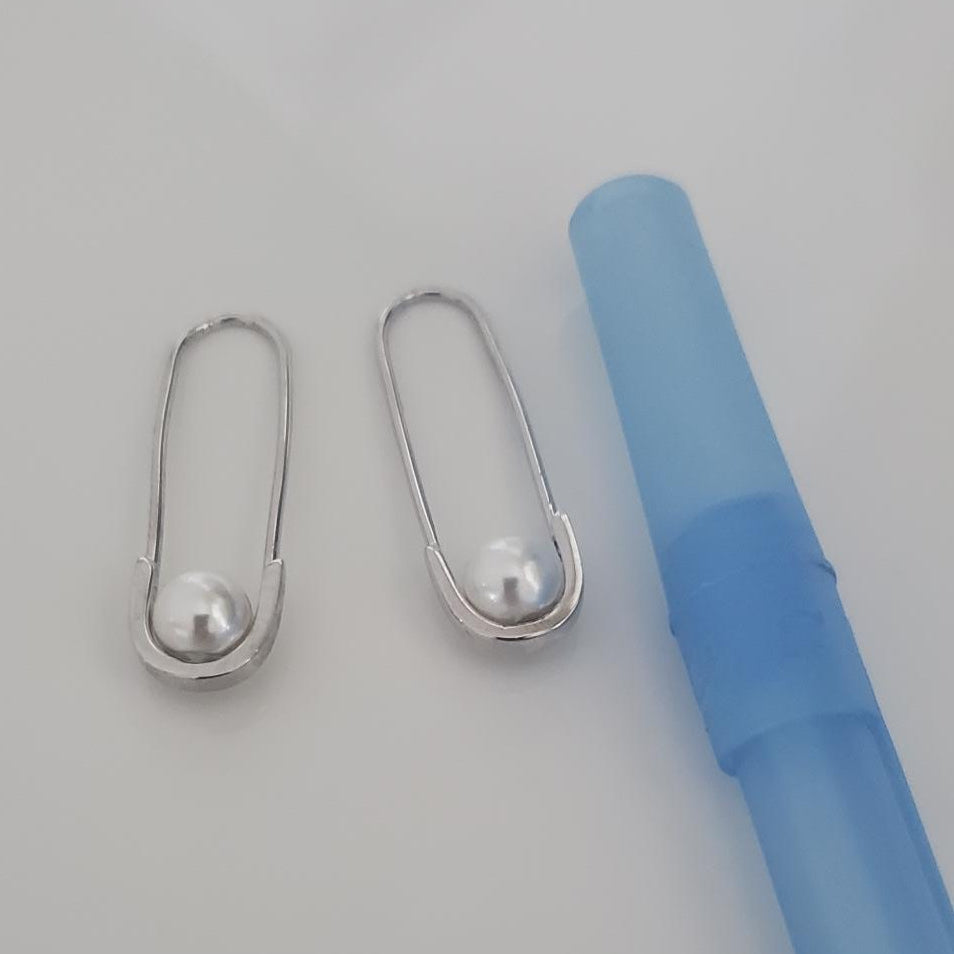 Sterling Silver Paperclip Freshwater Pearl Earrings
