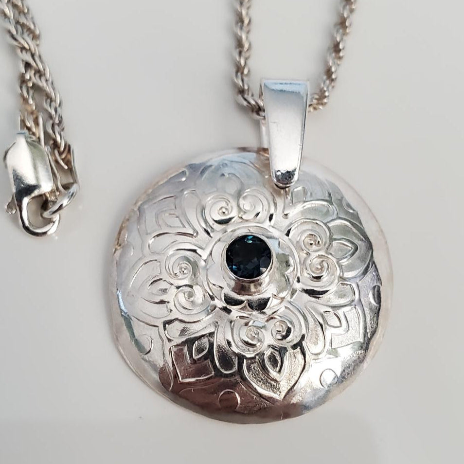 Sterling Silver Flower Pendant Necklace with London Blue Topaz