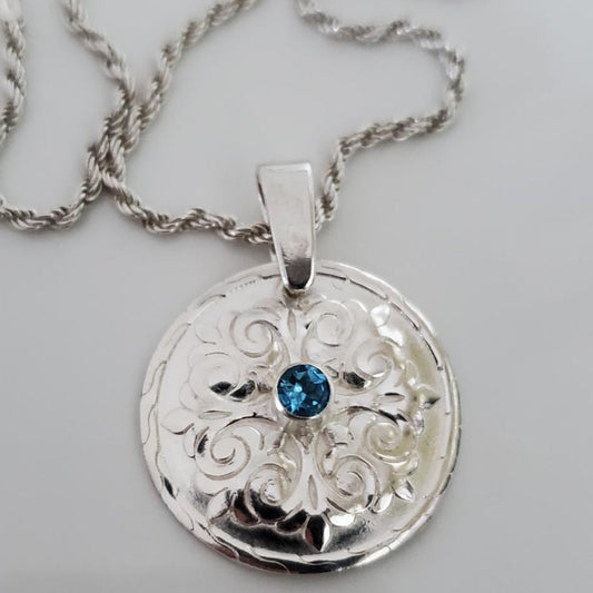 Sterling Silver Fleur-de-Lis Necklace with Swiss Blue Topaz Plein De Vie Jewelry