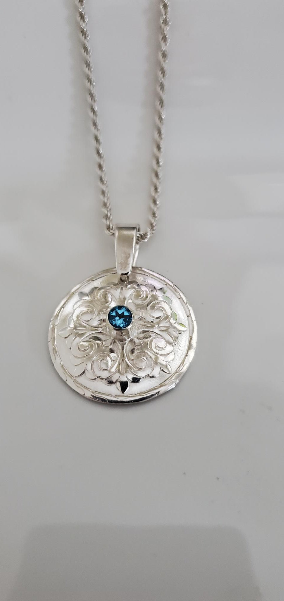 Sterling Silver Fleur-de-Lis Necklace with Swiss Blue Topaz Plein De Vie Jewelry