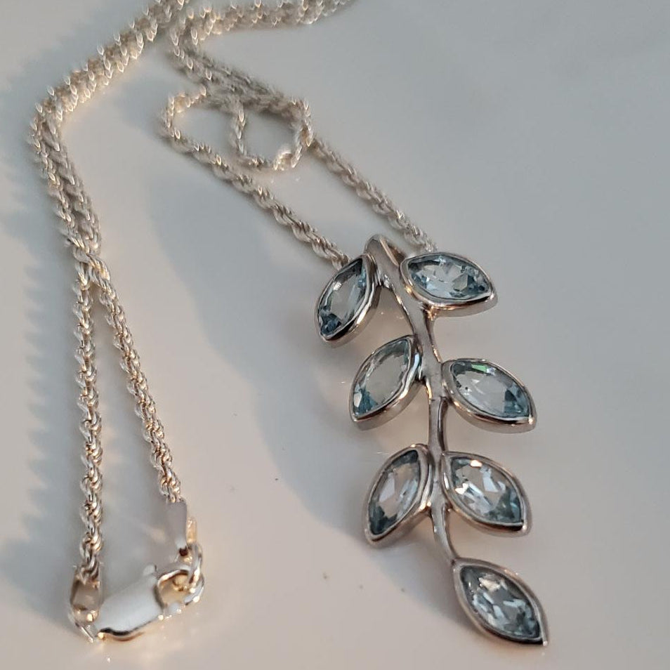 Sterling Silver Branch Necklace with Blue Topaz Leaves