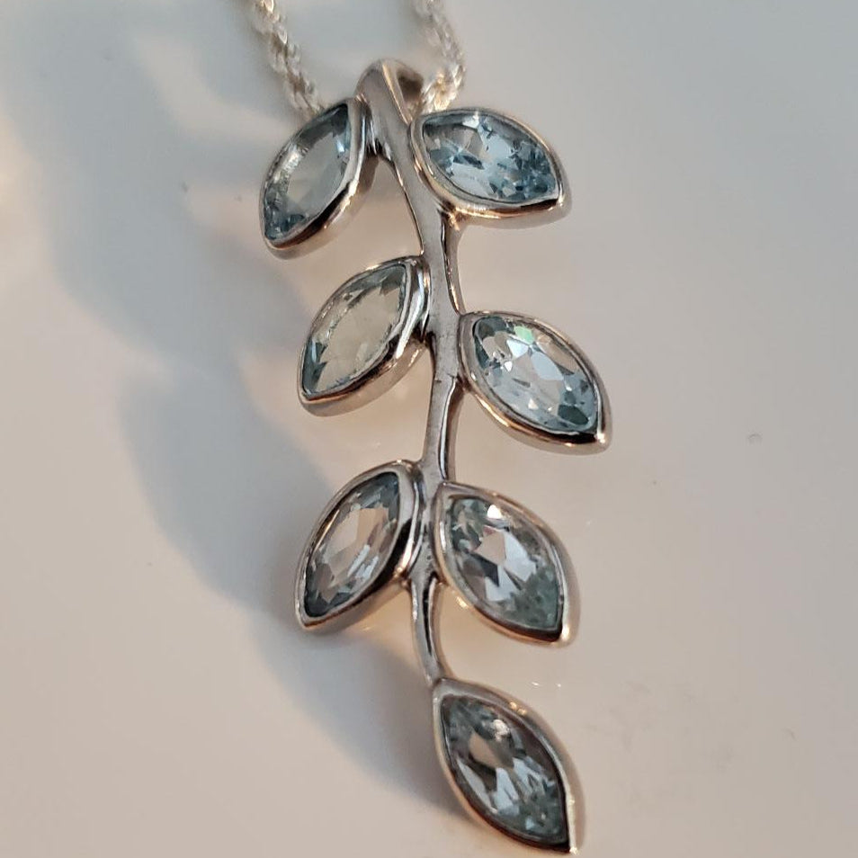 Sterling Silver Branch Necklace with Blue Topaz Leaves
