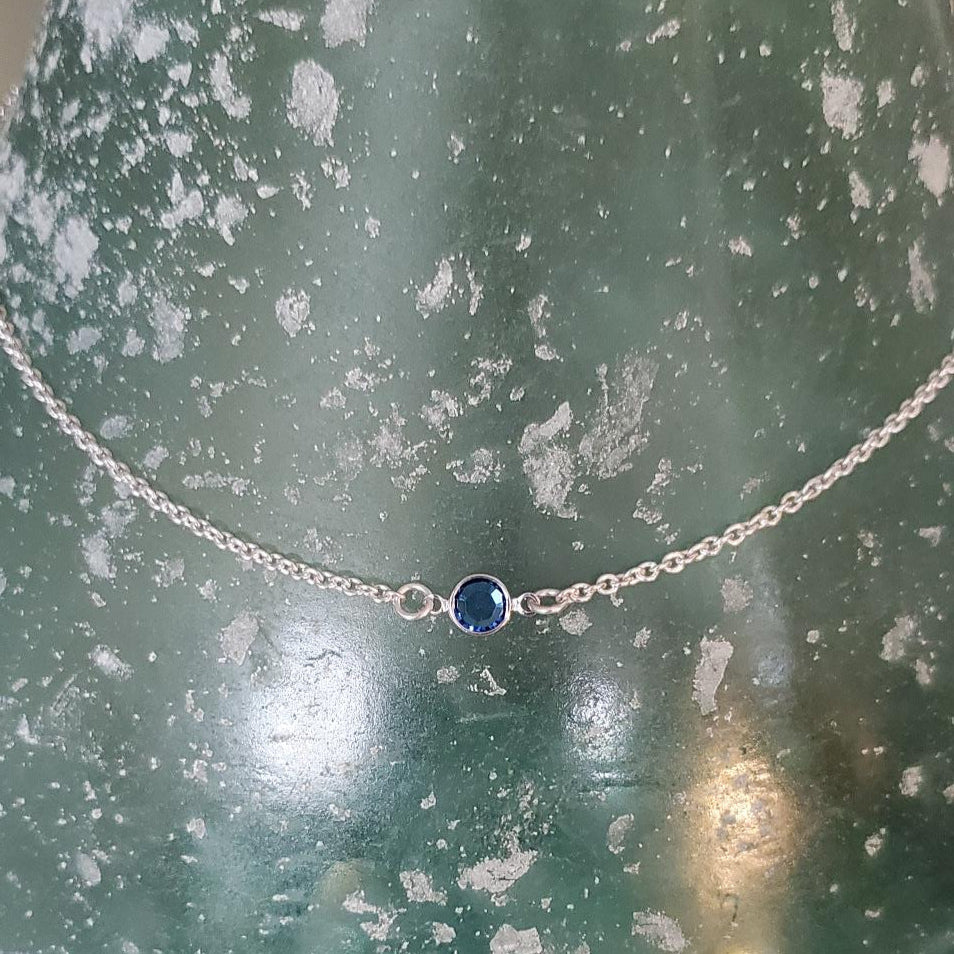 Sterling Silver Rolo Chain Necklace with Sapphire Crystal