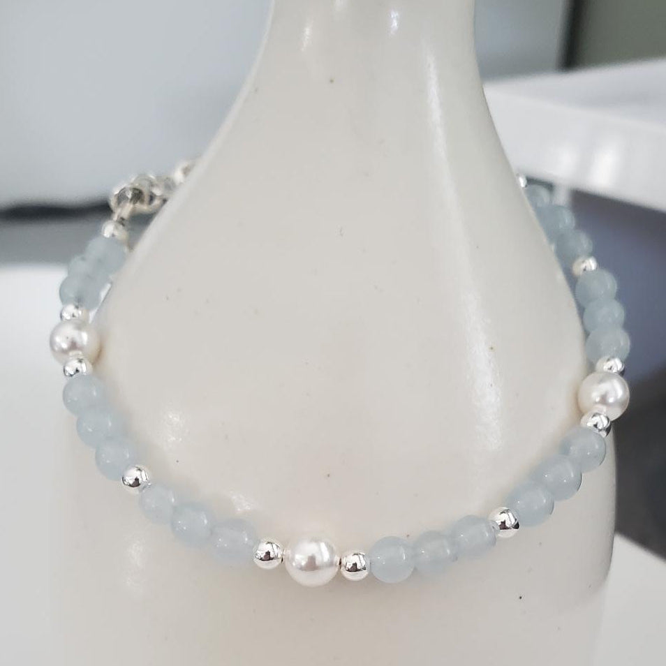 Sterling Silver, Aquamarine and Pearl Bracelet