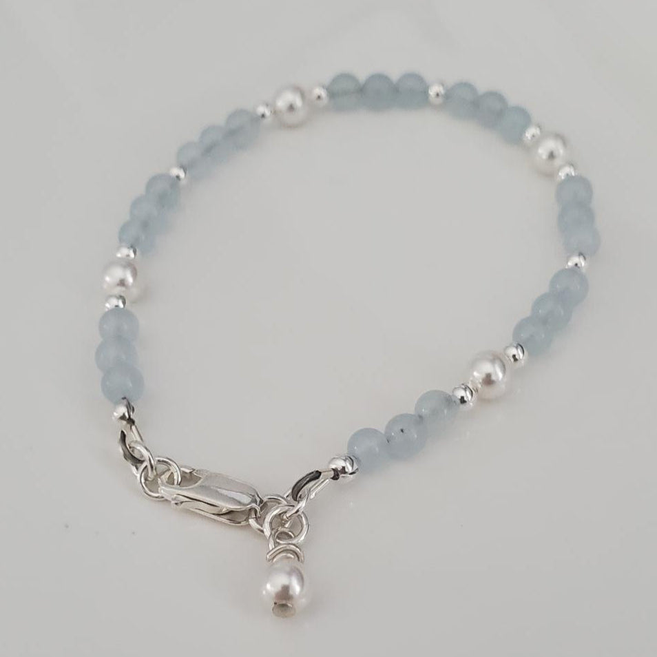 Sterling Silver, Aquamarine and Pearl Bracelet