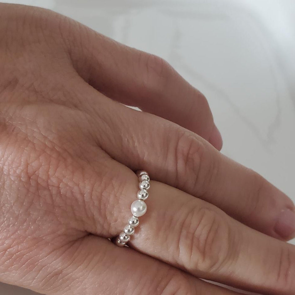 Sterling Silver Beaded Ring with Swarovski White Pearl Plein De Vie Jewelry
