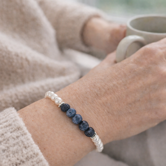 Swarovski Pearl & Blue Coral Stretch Bracelet Plein De Vie Jewelry