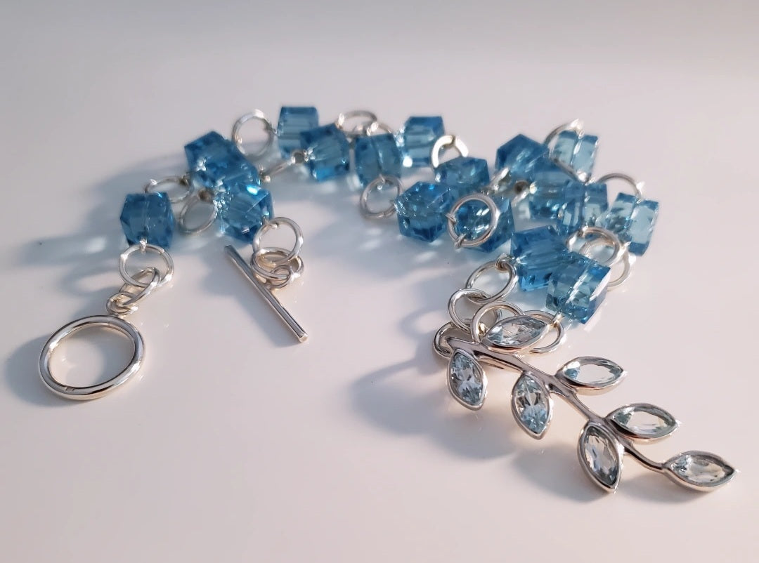 Swarovski Aquamarine Cube Crystal Necklace with Blue Topaz Leaf Pendant
