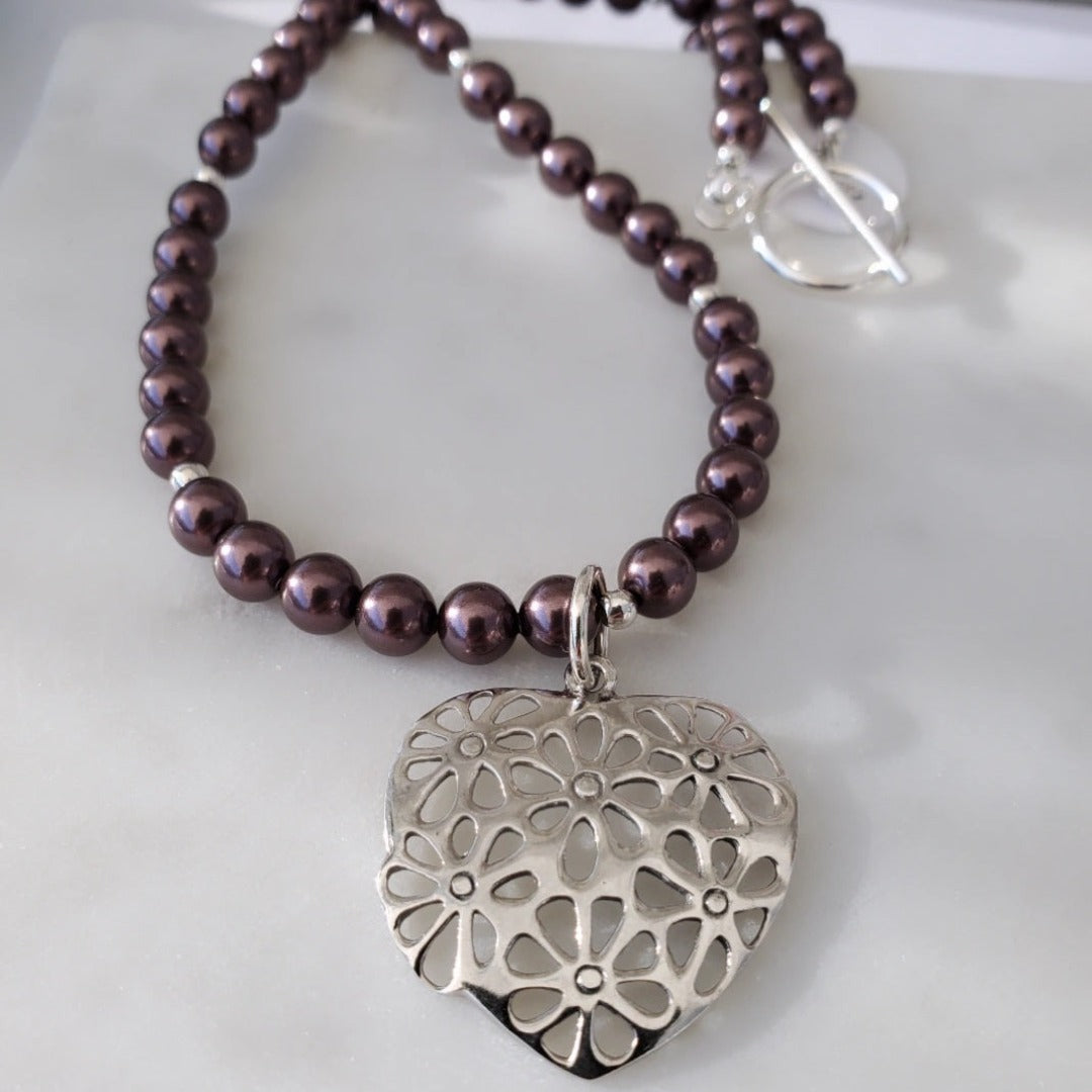 Luxurious Swarovski Maroon Pearl Necklace with Heart & Daisy Pendant