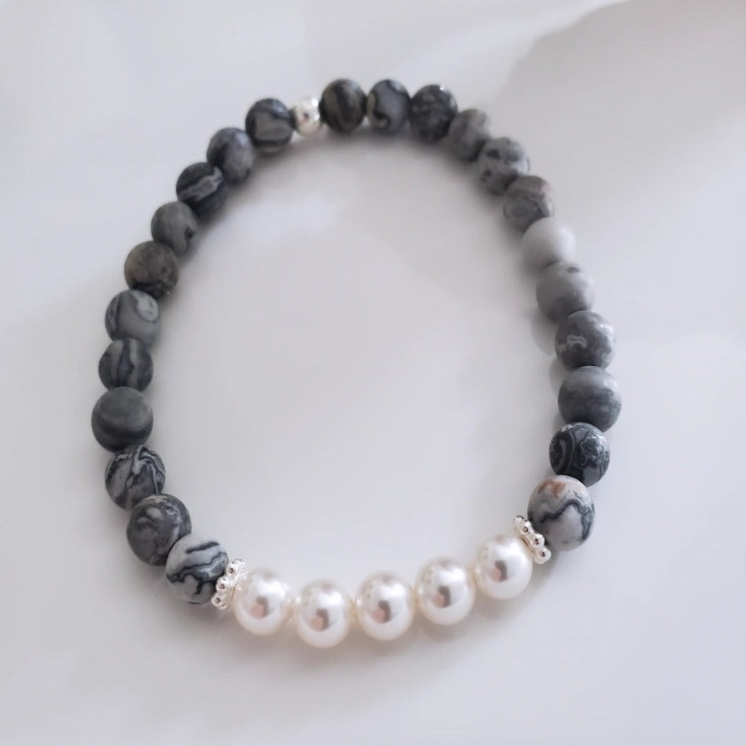 Picture Jasper Gemstone Bracelet with a Few Swarovski Pearls