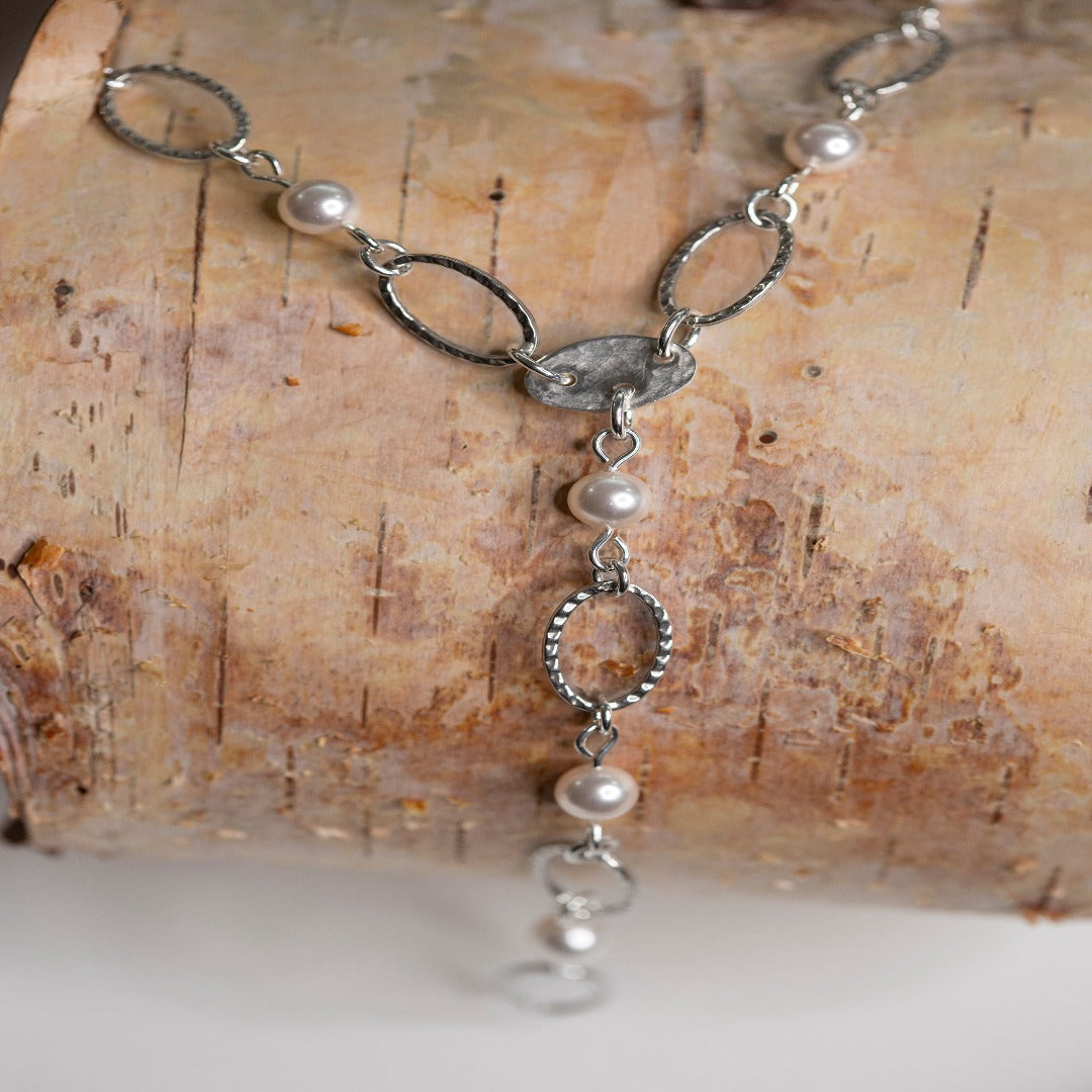 Sterling Silver Oval Link Necklace with Swarovski Pearls