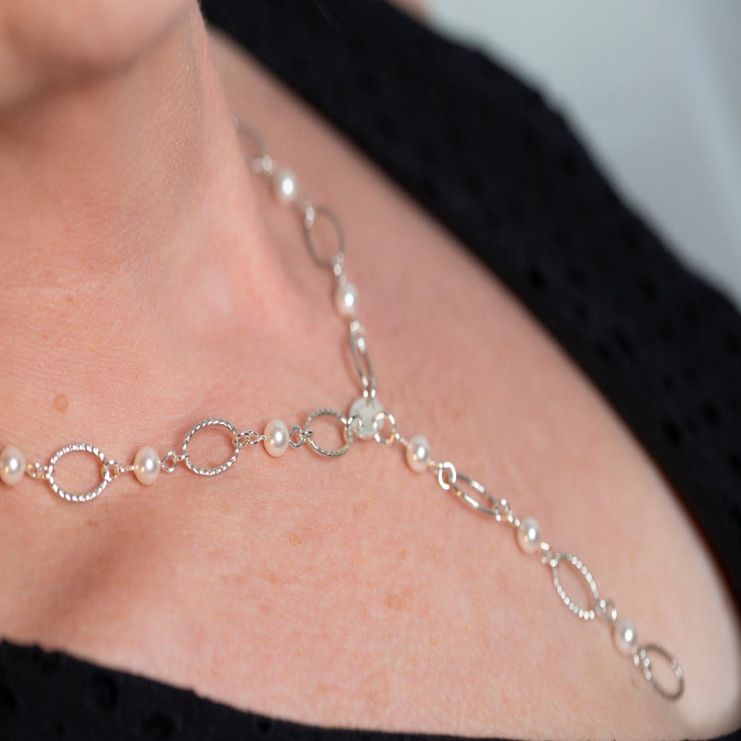 Sterling Silver Oval Link Necklace with Swarovski Pearls