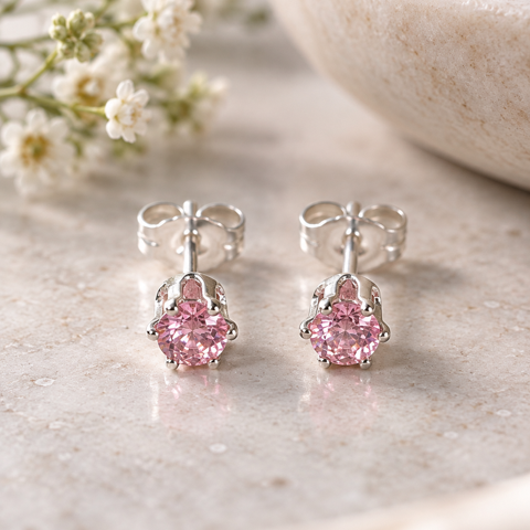 Pink Cubic Zirconia Sterling Silver Stud Earrings