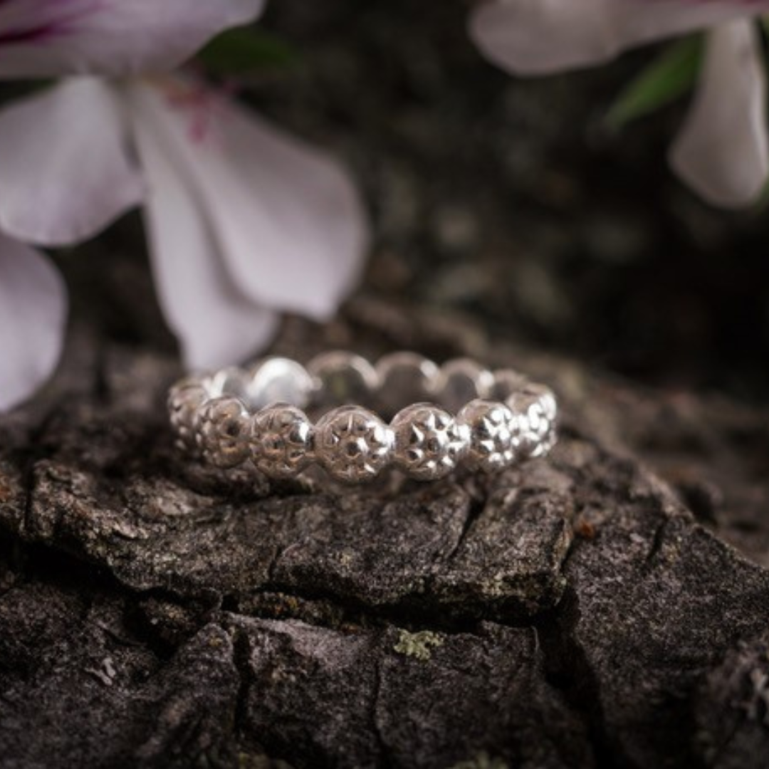 Sterling Silver Berry Dainty or Dynamic Rings featuring interlocking berry-flower designs. These versatile rings can be stacked together for a bold look or worn individually for a minimalist style. Perfect for everyday wear, they offer endless possibilities for creative expression and fashion-forward statements.