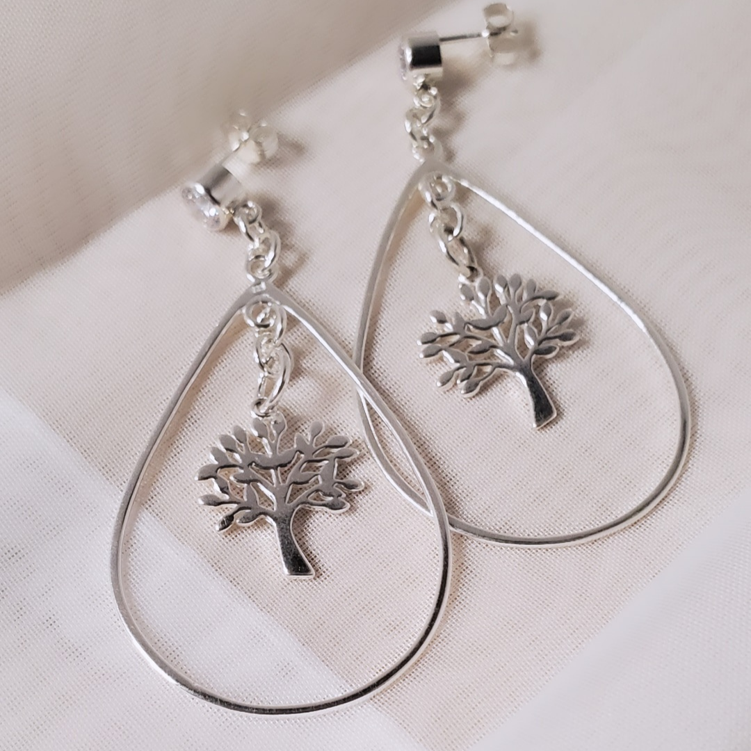 Sterling Silver Post Drewdrops and Trees Earrings