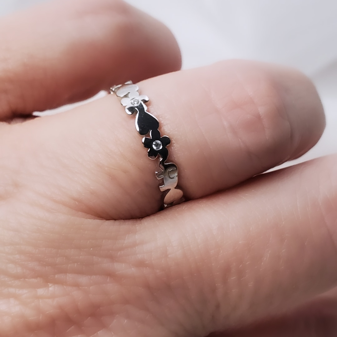 Whimsical Love: Elephant & Flower Sterling Silver Stacking Ring