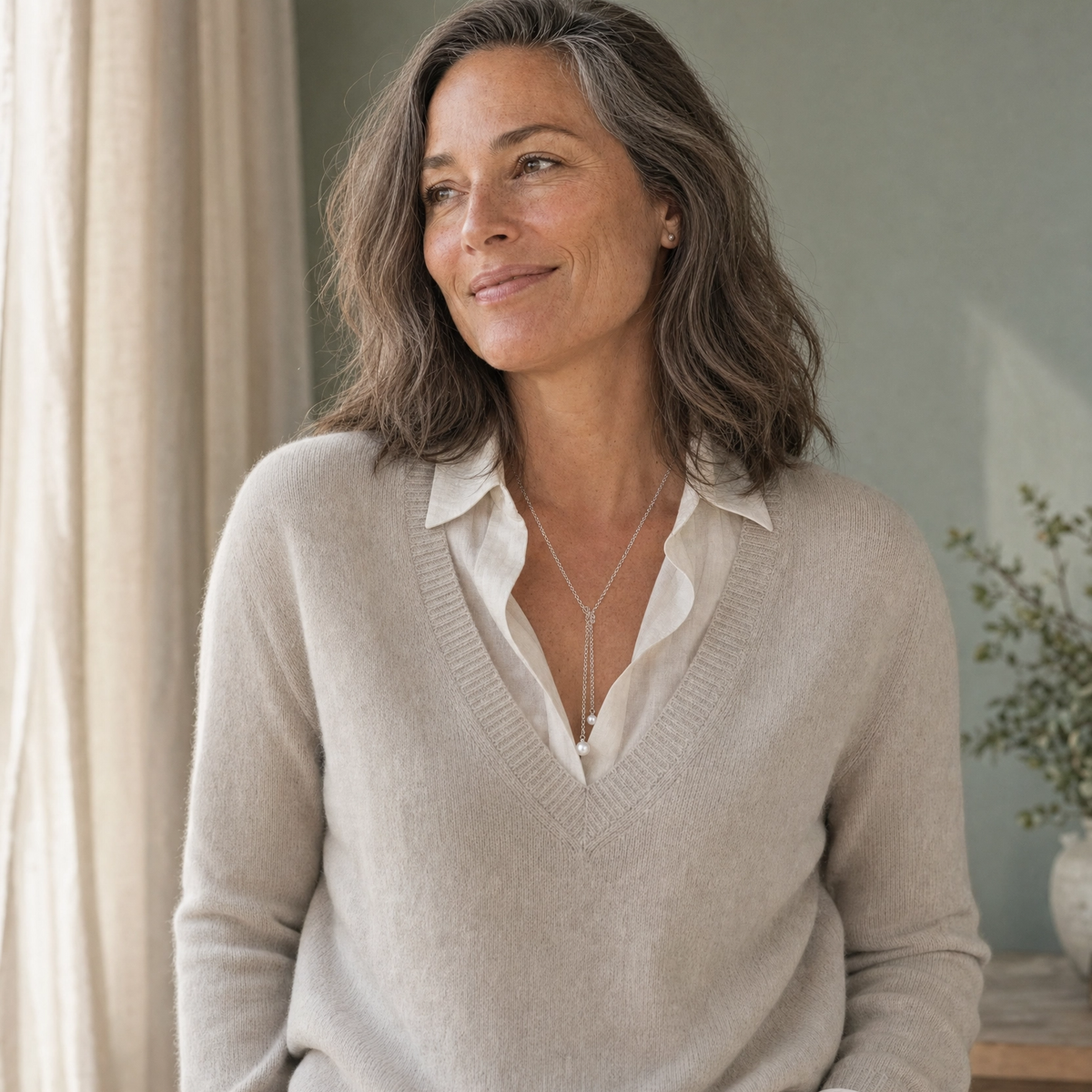 A woman wearing a light beige knit V-neck sweater over a white collared shirt, paired with white trousers, standing in a softly lit indoor setting wearing the sterling silver pearl lariat necklace.