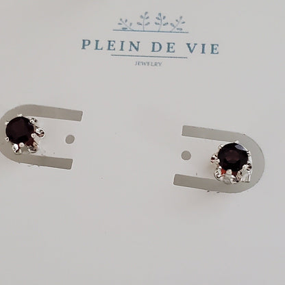 Sterling Silver Sparkle with Garnet Accents: Daily Bling Earrings - Plein De Vie Jewelry
