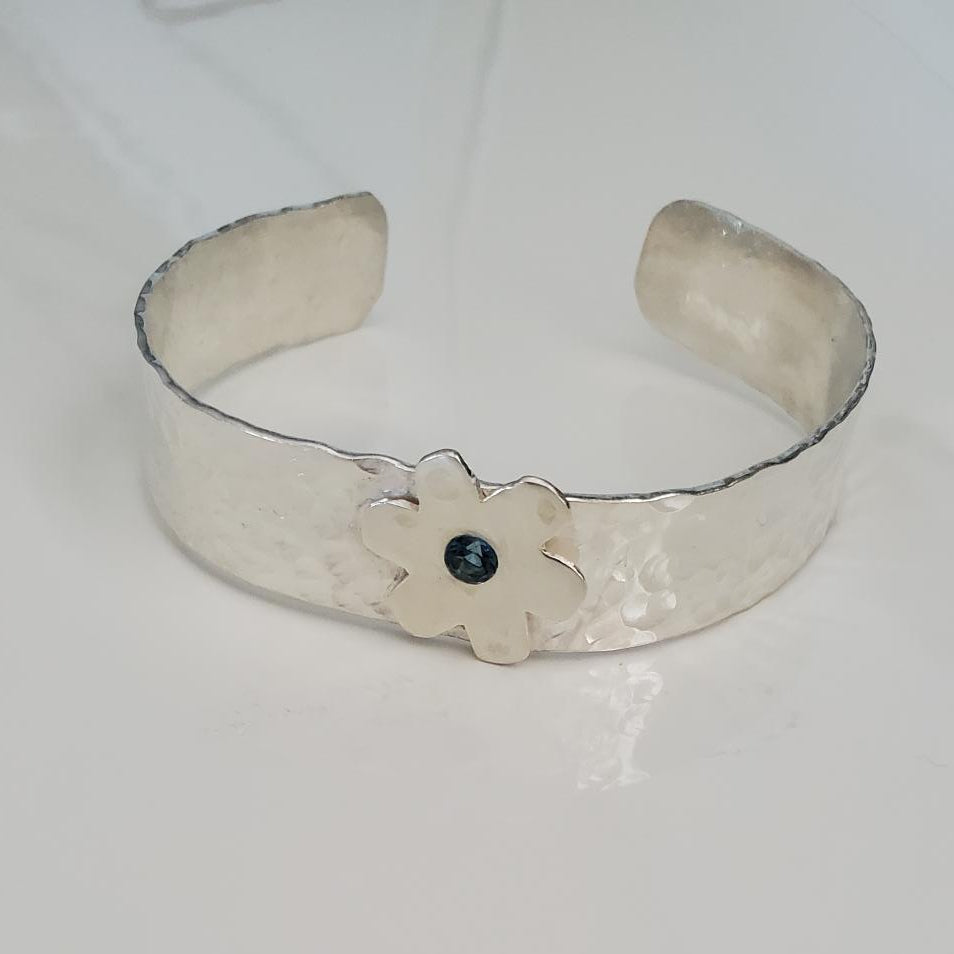 Sterling Silver Textured Cuff with London Blue Topaz Flower