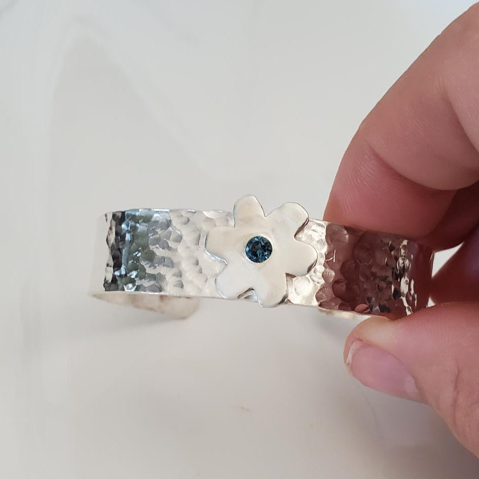 Sterling Silver Textured Cuff with London Blue Topaz Flower