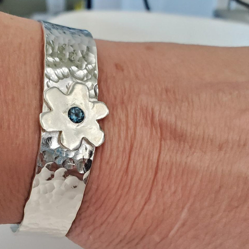Sterling Silver Textured Cuff with London Blue Topaz Flower