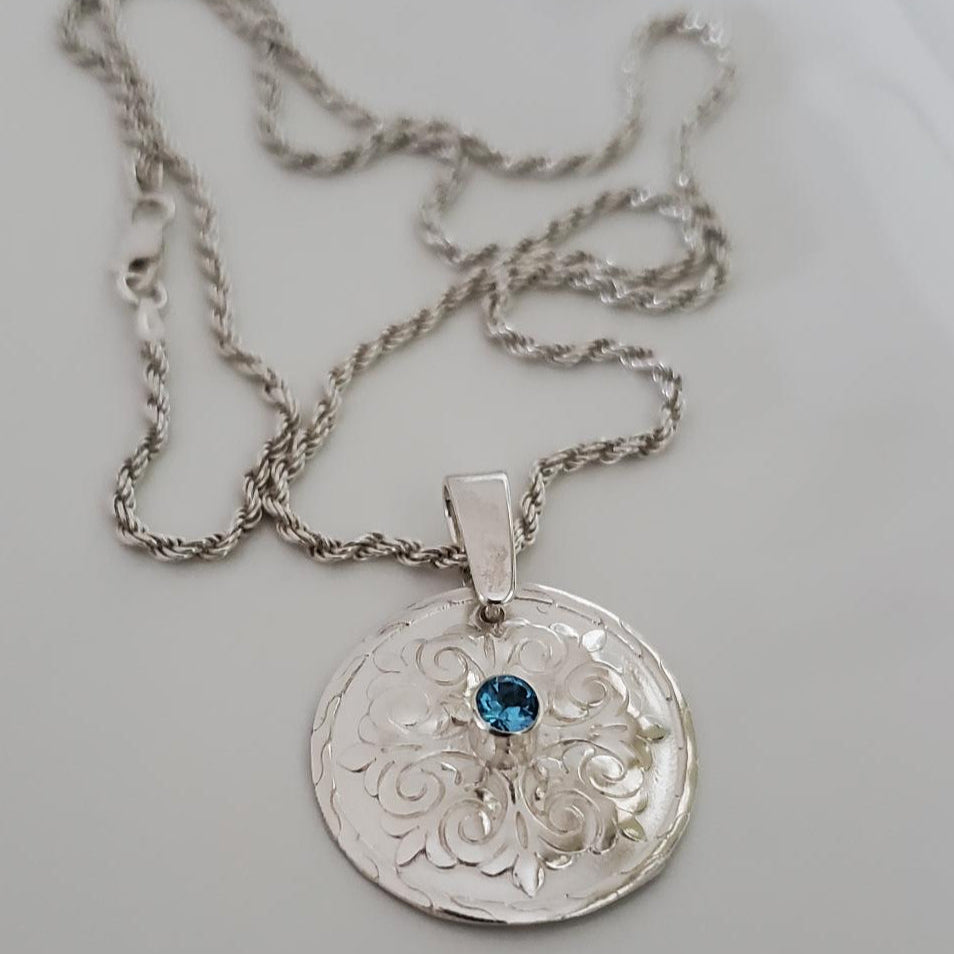 Sterling Silver Fleur-de-Lis Necklace with Swiss Blue Topaz Plein De Vie Jewelry