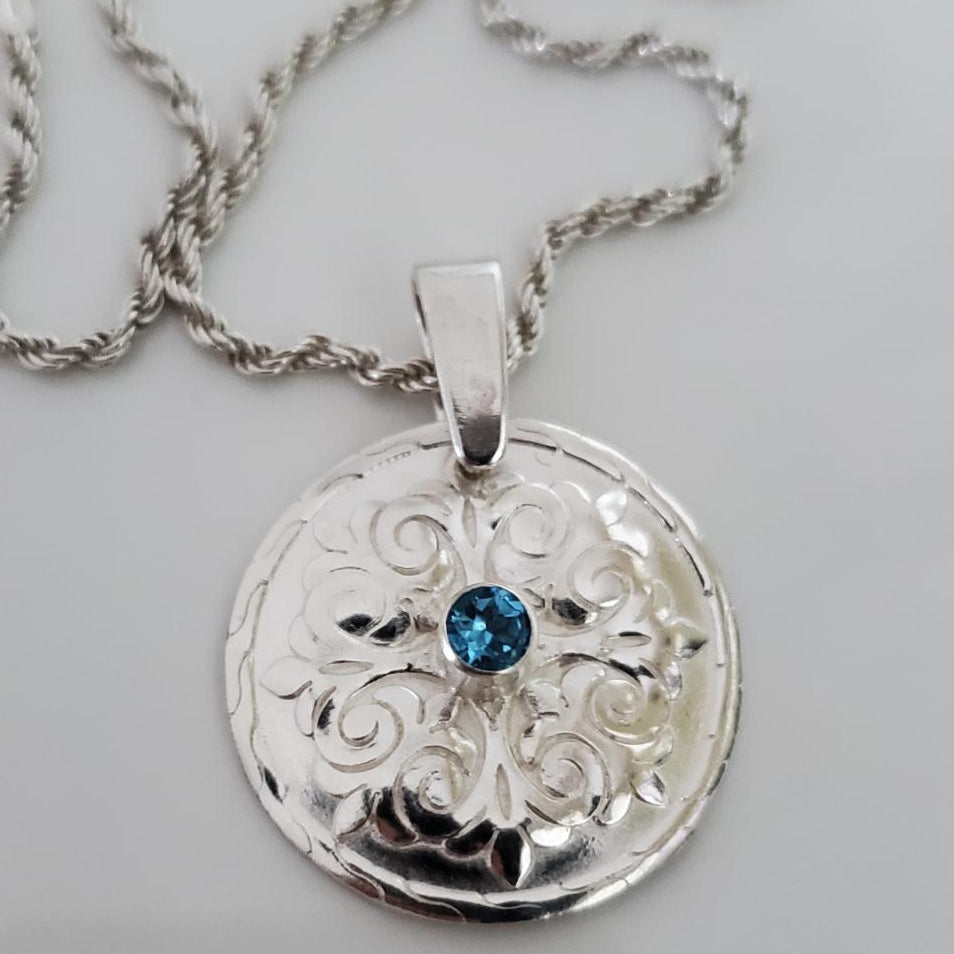 Sterling Silver Fleur-de-Lis Necklace with Swiss Blue Topaz Plein De Vie Jewelry
