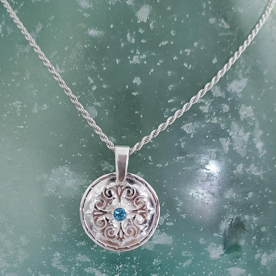 Sterling Silver Fleur-de-Lis Necklace with Swiss Blue Topaz Plein De Vie Jewelry