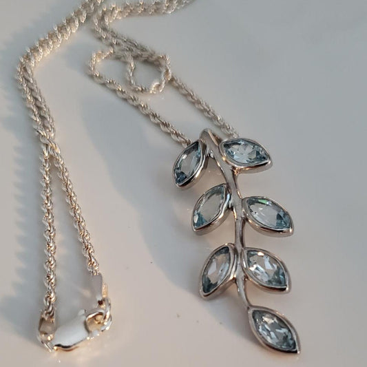 Sterling Silver Branch Necklace with Blue Topaz Leaves