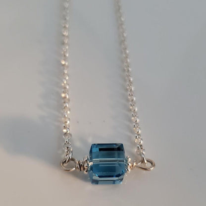 Sterling Silver Rolo Chain Bracelet with Aquamarine Crystal Plein De Vie Jewelry