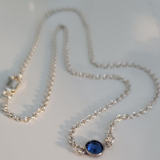 Sterling Silver Rolo Chain Necklace with Sapphire Crystal