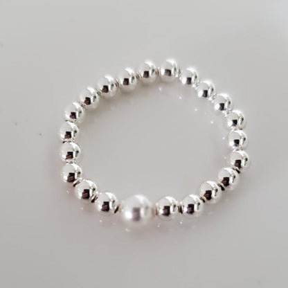 Sterling Silver Beaded Ring with Swarovski White Pearl Plein De Vie Jewelry