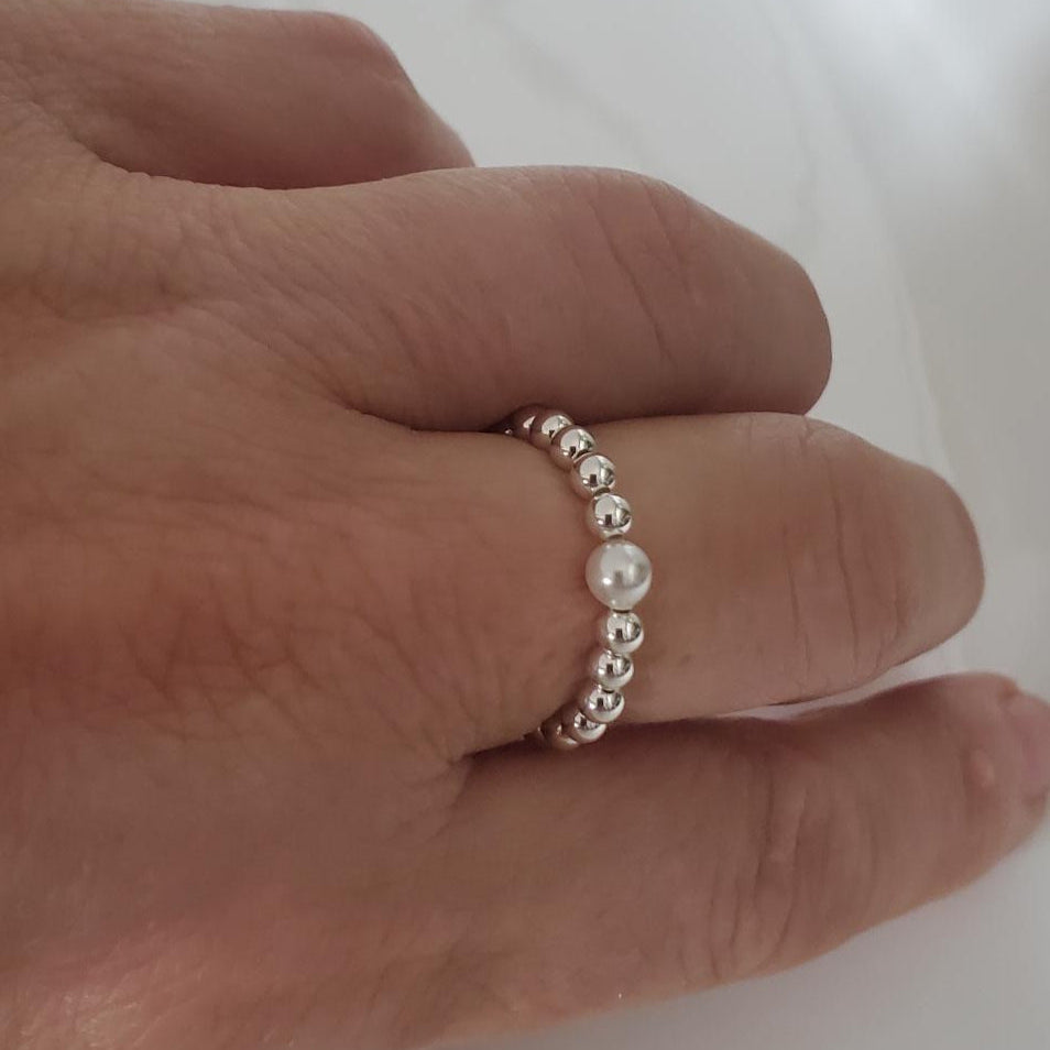 Sterling Silver Beaded Ring with Swarovski White Pearl