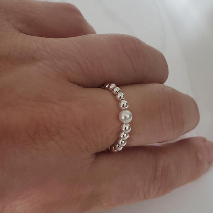 Sterling Silver Beaded Ring with Swarovski White Pearl Plein De Vie Jewelry