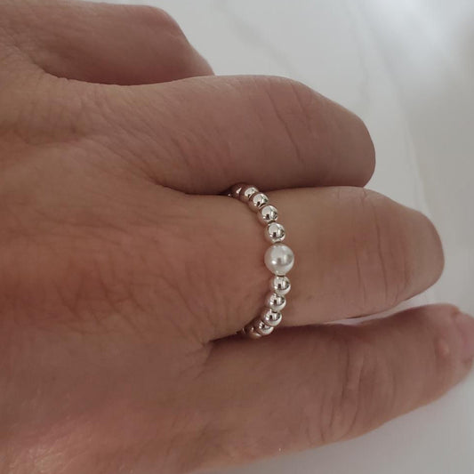 Sterling Silver Beaded Ring with Swarovski White Pearl