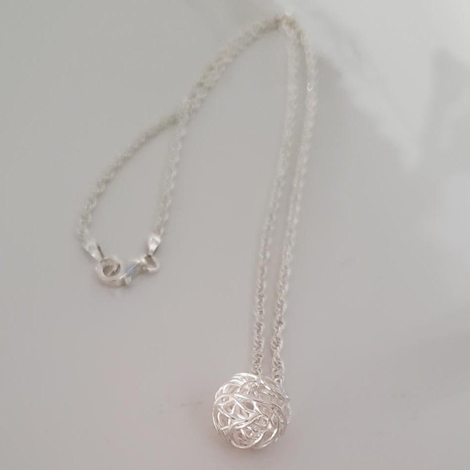 Sterling Silver Wheat Chain with Wire-Wrapped Ball Pendant