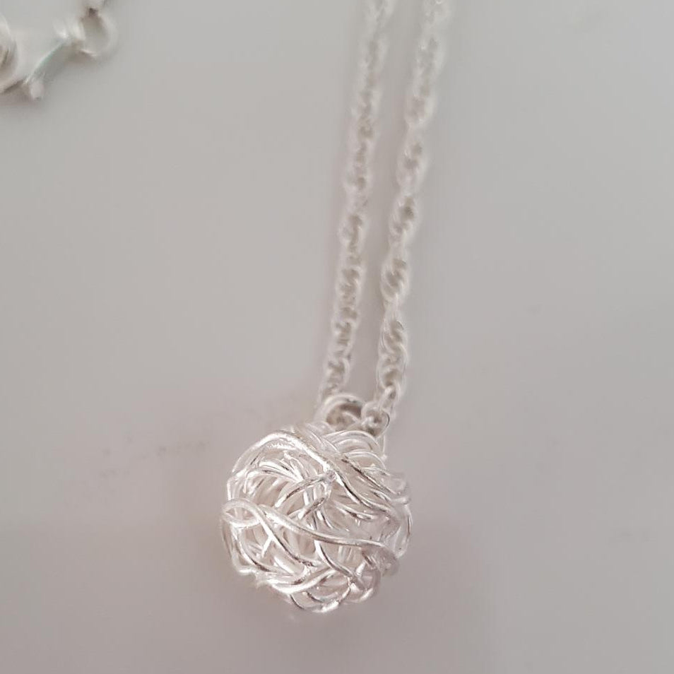 Sterling Silver Wheat Chain with Wire-Wrapped Ball Pendant