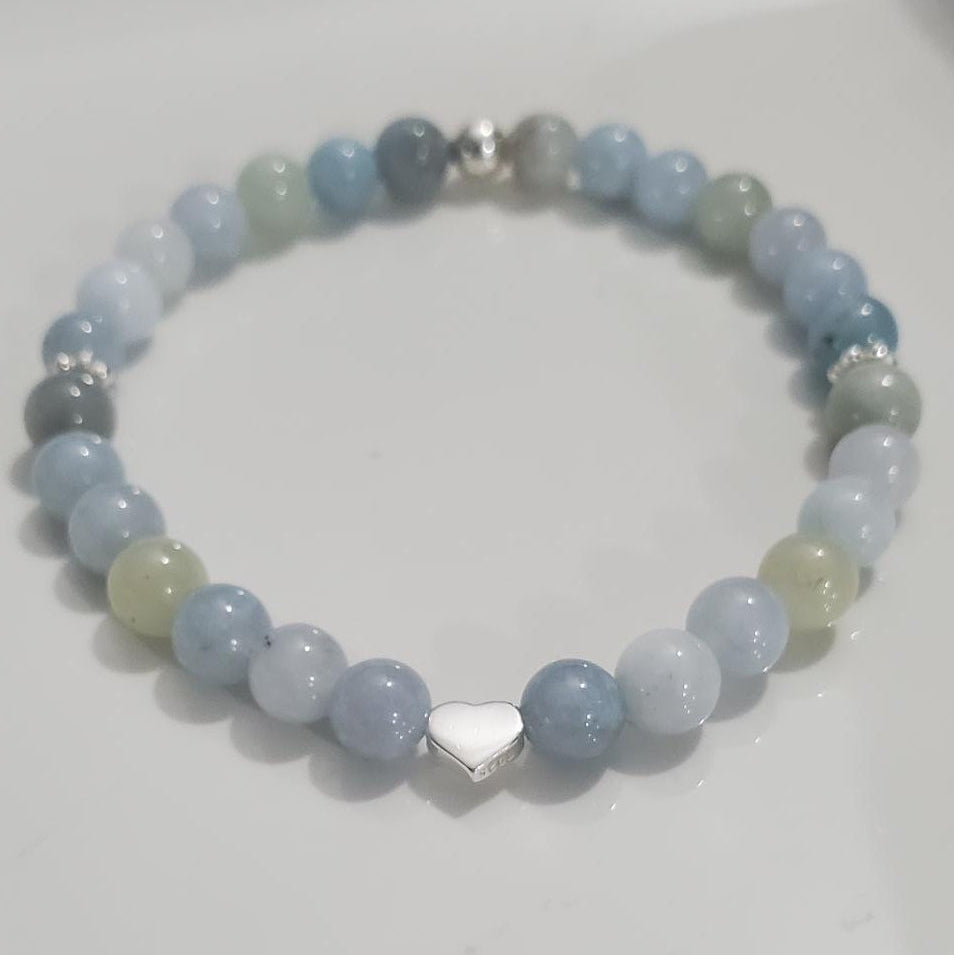 Aquamarine & Sterling Silver Heart Stretch Bracelet