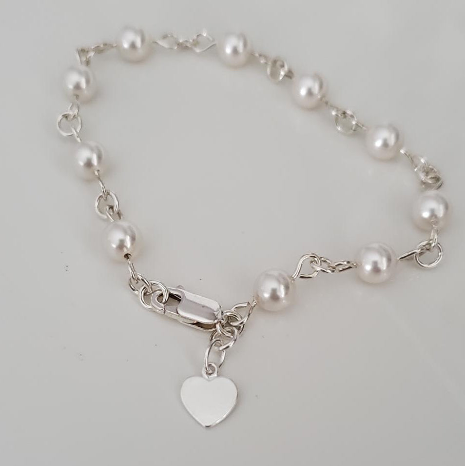 Swarovski White Pearl Link Bracelet in Sterling Silver with Heart Charm Plein De Vie Jewelry