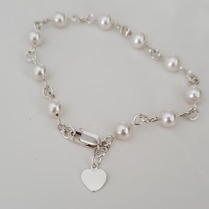 Swarovski White Pearl Link Bracelet in Sterling Silver with Heart Charm Plein De Vie Jewelry