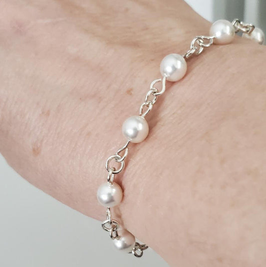 Swarovski White Pearl Link Bracelet in Sterling Silver with Heart Charm Plein De Vie Jewelry
