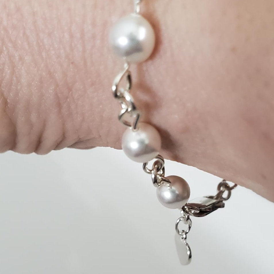 Swarovski White Pearl Link Bracelet in Sterling Silver with Heart Charm Plein De Vie Jewelry