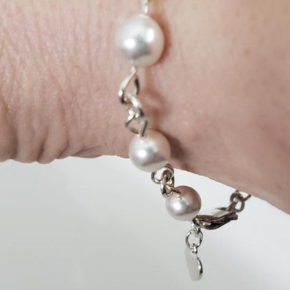 Swarovski White Pearl Link Bracelet in Sterling Silver with Heart Charm Plein De Vie Jewelry