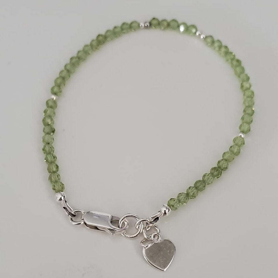 Peridot Micro Faceted Gemstone Bracelet with Sterling Silver Heart Charm Plein De Vie Jewelry